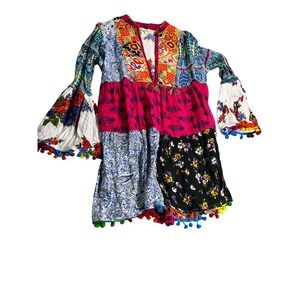 Anandas Collection Boho Patchwork Tunic Dress Embroidered Tassel Pom Pom Medium